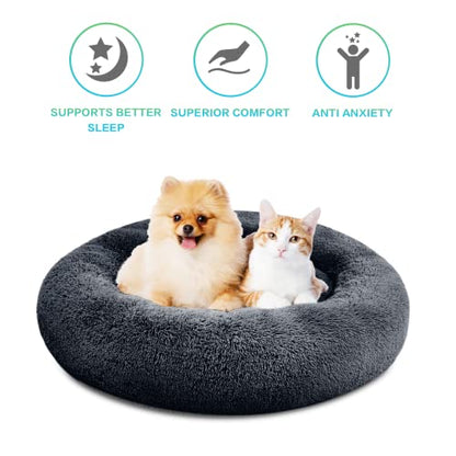 SAVFOX 45 inches Calming Donut Dog Bed - 3X Durable Plush Faux Fur, Machine Washable & Non-Slip, Fits up to 150 lbs, Dark Grey - color: Dark Grey, size: X-Large | 45"x45"
