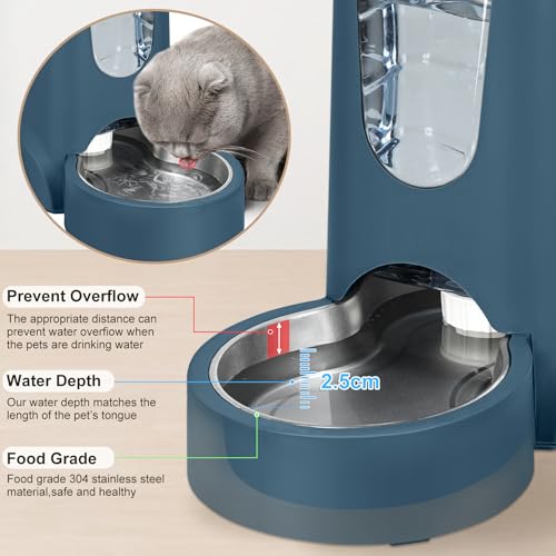 2 Pack Automatic Cat Feeder and Dog Food Feeder, Gravity Stainless Steel Water Dispenser and Waterer Set for Small Medium Puppy Kitten Pets (1 Gallon x 2, Navy Blue) - color: 1 Gallon x 2 - Navy