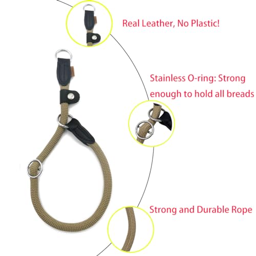 Braided Round Martingale Dog Collar, Training Collar with Slidable Stop Ring and Adjustable Stopper - Ideal for Medium Dogs (M(1/3") - 18" Long, Khaki) - color: Khaki, size: M(1/3") - 18" Long with stopper