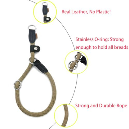Braided Round Martingale Dog Collar, Training Collar with Slidable Stop Ring and Adjustable Stopper - Ideal for Medium Dogs (M(1/3") - 18" Long, Khaki) - color: Khaki, size: M(1/3") - 18" Long with stopper