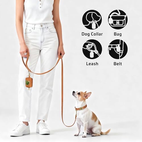 Didog Stylish Dog Poop Bag Holder for Leash, Easy-Pull and Colorful PU Leather Dog Poop Bag Dispenser with Metal Clip, Includes 1 Roll Pet Waste Bag for Daily Walking,Light Brown - color: Light Brown