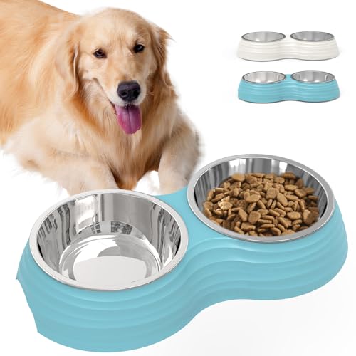 Stainless Steel Dog Bowls Set, Double Food & Water Bowls for Dogs, Dual Dog Food Bowl with 2 Small (6oz*2) Bowl, Non-Slip Pet Bowls Suitable for Puppies, Kittens and Small Breed Dogs (Blue) - color: Blue, size: Small