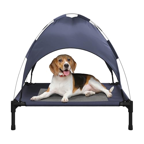 Elevated Dog Bed with Canopy - 30x24-Inch Portable Pet Bed with Non-Slip Feet - Indoor/Outdoor Dog Cot with Carrying Case by PETMAKER (Blue)