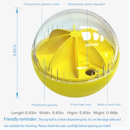 Dog Treat Ball, Dog Food Puzzle Slow Feeder Interactive Squeaky Mental Stimulation Toys, Cat Treat Dispenser Puzzle Toys Active Rolling Balls for Medium/Large Dog Breeds - color: Yellow