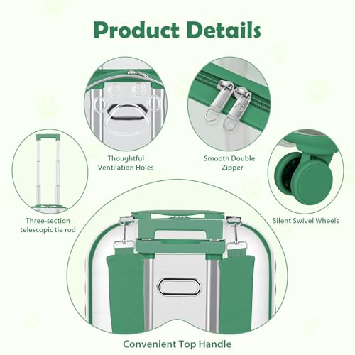 Cat Carrier with Wheels & Detachable Strap – Rolling Pet Trolley with Telescopic Handle, Transparent Hard Shell, Silent Wheels, Ventilated Design for Travel, Walking, Vet Visits for Small - color: Green