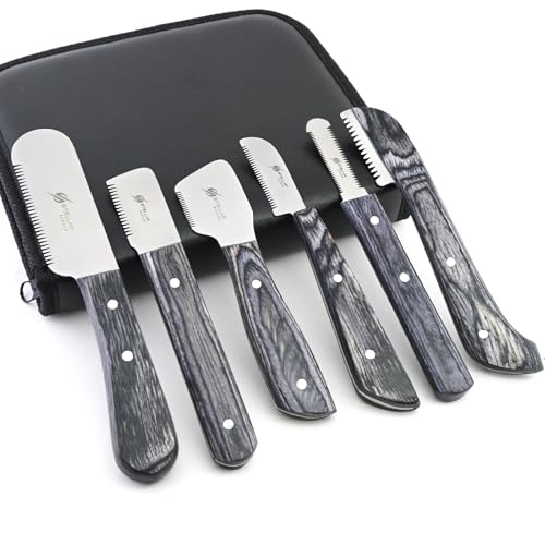 Dog Grooming Stripping Knife Set – 6-Piece Stainless Steel Hand Stripping Tools with Wooden Handles – Coarse, Medium, Fine & Extra-Fine Knives for Dogs, Cats & Wire-Coated Pets (Black) - color: Black
