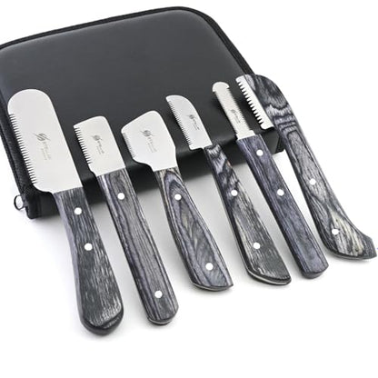 Dog Grooming Stripping Knife Set – 6-Piece Stainless Steel Hand Stripping Tools with Wooden Handles – Coarse, Medium, Fine & Extra-Fine Knives for Dogs, Cats & Wire-Coated Pets (Black) - color: Black