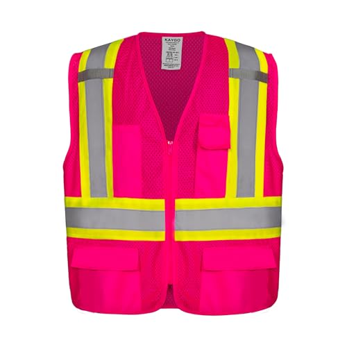 KAYGO Reflective High Vis Safety Vest with Pockets for Men and Women KG0100 | Breathable Polyester Lightweight, Two-Tone, ANSI Class 2, for Construction, Warehouse, Surveying, Cycling, Machine Washable - color: Pink, size: X-Large