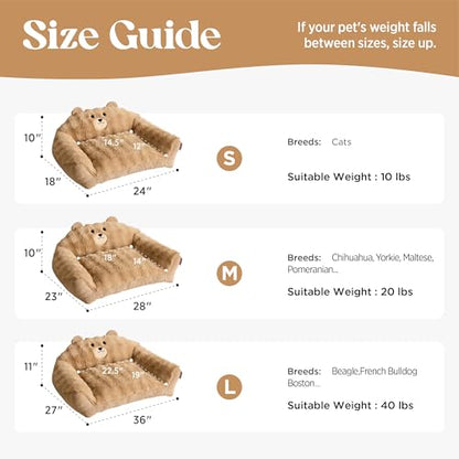 LE SURE Cute Dog Couch Bed, Small Dog Couch with Fluffy Original Bear Design, Cat Couch Bed with Removable Washable Cover, Puppy Bed for Small Pets, 28 inch, Almond