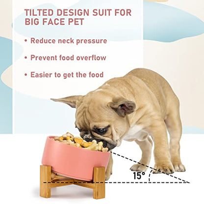 SPUNKYJUNKY 15° Slanted Ceramic Dog and Cat Bowl with Wooden Stand, Tilted Bulldog Food and Water Bowl No Slip Non-Spill for Cats Medium Dogs Big Face Pets 28.7 OZ (3.6 Cups,Pink) - color: Pink, size: 3.6 CUPS × 1