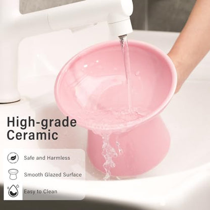 CEEFU 2 Elevated Cat Bowls Extra Wide for Food & Water – Whisker Fatigue, Ceramic Wide Shallow Food Dish, Lead & Cadmium Free, Raised Height for Cats, Pink - color: Pink