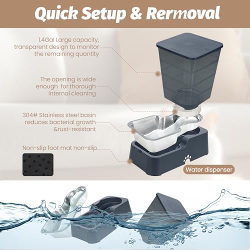 Automatic 5.4L/1.4Gal Pet Waterer, Automatic Dog Water Dispenser Gravity Stainless Steel Water Feeder, Large Capacity Feeding Bowls for Cats and Medium & Large-Sized Dogs (Black, Food+Water) - color: Black, size: Food and Water