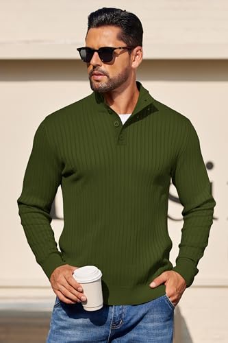 COOFANDY Mens Quarter Button Sweater Long Sleeve Stand Collar Sweaters Casual Knitted Ribbed Dress Pullover - color: Army Green, size: Small