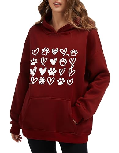Womens Dog Paw Hoodie-Long Sleeve Pullover Fleece Lined Dog Mom Sweatshirts with Pocket - color: A-dark Red, size: Large