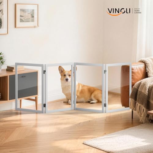 VINGLI Clear Acrylic Freestanding Dog Gate, Transparent Pet Fence with Solid Hardwood and Plastic Board, Pet Gates for Christmas Tree Stairs and Doorways (4 Panels) - size: 4 Panels