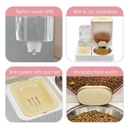 Fhiny Gravity Cat Feeder & Water Dispenser, 2 in 1 Automatic Puppy Waterer Removable Stainless Steel Food Bowls Set Self Feeding Pet Food Storage for Cat Kitten Puppy Easy Clean (Yellow)