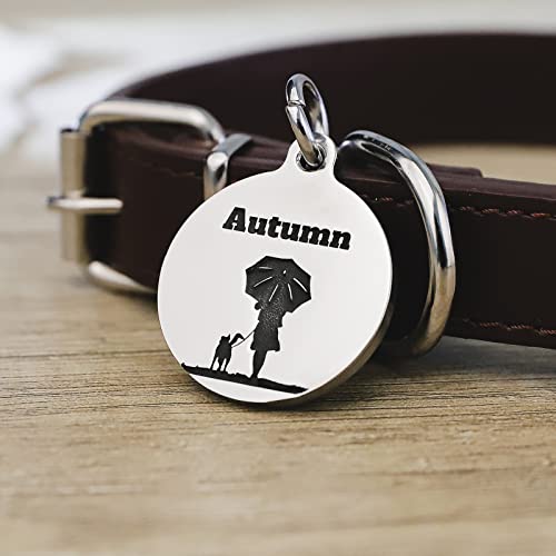 Deep Engraved Dog ID Tag Stainless Steel Personalized Customized Unique Pet ID Card Wolf Round (Rain M) - size: Rain M