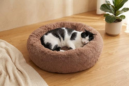 SAVFOX 20 inches Calming Donut Dog Bed - 3X Durable Plush Faux Fur, Machine Washable & Non-Slip, Fits up to 15 lbs, Brown - color: Brown, size: X-Small | 20"x20"