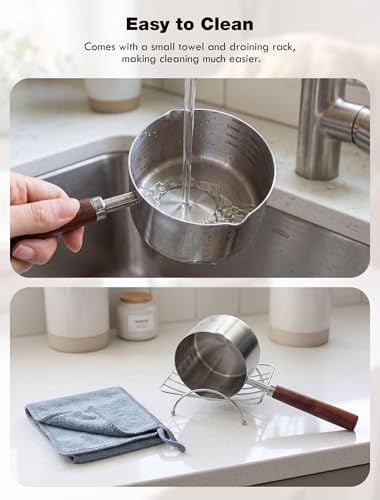 Dog Food Scoop 1 Cup with Cleaning Towel and Drying Rack, 304 Stainless Steel Dog Food Measuring Cup with Walnut Handle, Dishwasher Safe Pet Food Scoop for Dogs and Cats