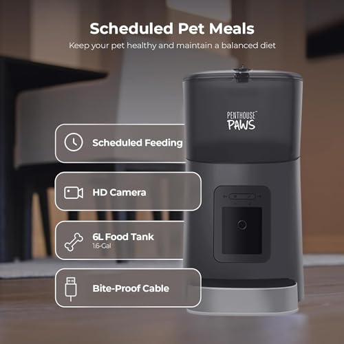 Penthouse Paws Smart HD Pet Feeder, 6L Dry Food Capacity, 1080p Camera, 2-Way Audio, Scheduled Meals, Backup Power, Easy to Clean, Anti-Jam Design for Cat & Dog, Black/Stainless Steel - color: Black with Steel Tray