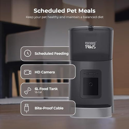 Penthouse Paws Smart HD Pet Feeder, 6L Dry Food Capacity, 1080p Camera, 2-Way Audio, Scheduled Meals, Backup Power, Easy to Clean, Anti-Jam Design for Cat & Dog, Black/Stainless Steel - color: Black with Steel Tray