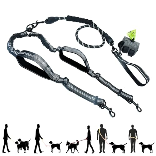 Double Dog Leash - Hands Free Dog Leash Crossbody & Waist for Dog Walking - Tangle-Free Bungee & Padded Handles for Medium & Large Dogs, Black