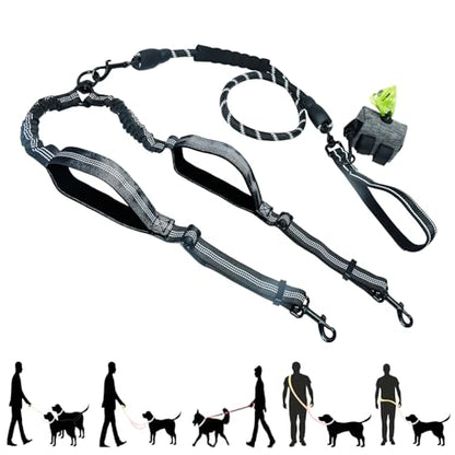 Double Dog Leash - Hands Free Dog Leash Crossbody & Waist for Dog Walking - Tangle-Free Bungee & Padded Handles for Medium & Large Dogs, Black