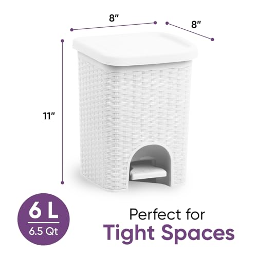 Superio Mini 6L Step Pedal Trash Can - Wicker Design, Hidden Mechanism, Durable Plastic, Ideal for Desktop, Countertop, Pet Waste/Dog Poop - White - color: White