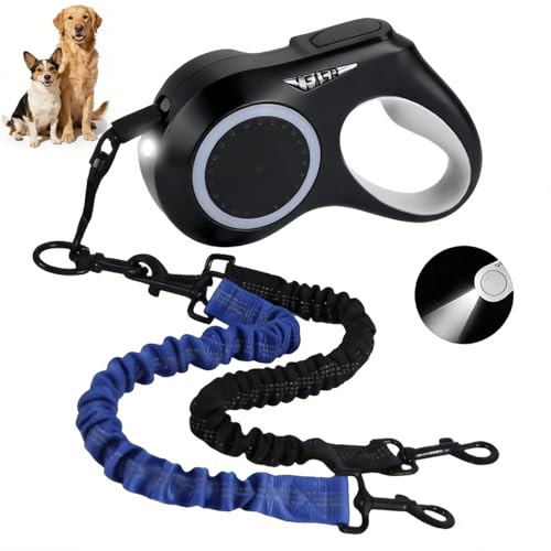 16.4ft Dual Retractable Dog Leash for Medium Dogs 35–55 lbs, USB Rechargeable LED Light, 360° Tangle-Free, Detachable Front Lead & Emergency Ready, Reflective Elastic(Black) - color: Black
