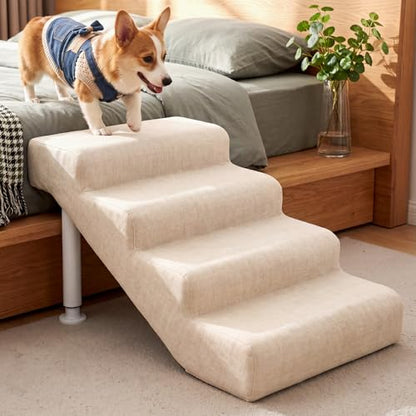 Linen Faux Leather Adjustable Dog Stairs & Steps for Bed and Sofa,4-Step | Adjustable Height 14.5"-17.7" Pet Ramp for Small to Large Dogs,150lbs Load Capacity,Waterproof, Scratch-Resistant