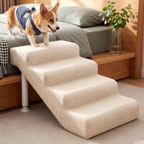 Linen Faux Leather Adjustable Dog Stairs & Steps for Bed and Sofa,4-Step | Adjustable Height 14.5"-17.7" Pet Ramp for Small to Large Dogs,150lbs Load Capacity,Waterproof, Scratch-Resistant