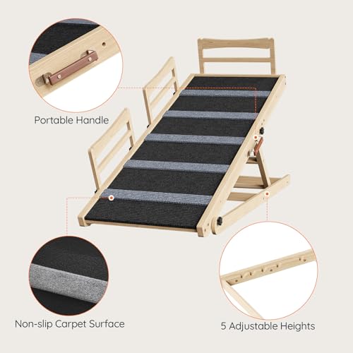 HOOBRO Dog Ramp for Bed, 47.2" Long Foldable Pet Ramp with Non-Slip Mat and Side Rails, Wooden Dog Ramp for High Beds, Couch and Car, 5 Height Adjustable from 15.6" to 25.2", Natural, NB42PT03 - size: 47.2"L x 17.7"W x 3.7"H
