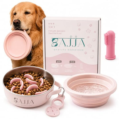 Pink Slow Feeder Travel Dog Bowl Set – 30oz Stainless Steel + 20oz Collapsible Silicone Dish + Silicone Slow Feeder Insert | Water Bottle Holder | Non-Slip, Anti-Choking, BPA-Free – Claim - color: Slow feeder Pink Bowl