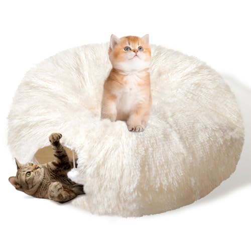 Cat Tunnel Bed for Indoor Cats, Peekaboo Cat Cave with Washable Soft Play Mat, Furry Cat Tube, for Kitten/Puppy/Rabbit, Beige - color: Beige