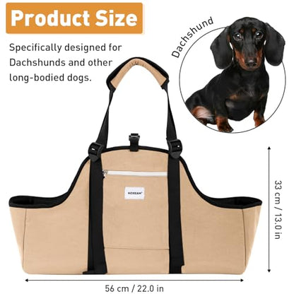 ETIAL Dachshund Shoulder Carrier Bag, Ergonomic Pet Sling with Adjustable Handheld & Crossbody Strap, Lightweight Ventilated Dog Purse for Small Long-Bodied Breeds,Safety Leash (Tan) - color: Tan