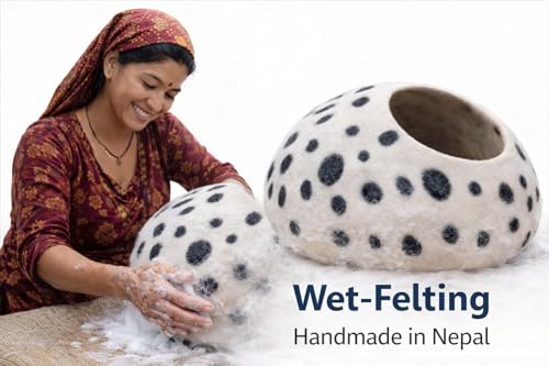Luxurious Merino Wool Cat Cave - Cats Curl Into Instantly - Foldable Hideaway Pod for Indoor Cats - Felt Kitten Pet Enclosure - Covered Cat House by Woolygon - color: White Polka