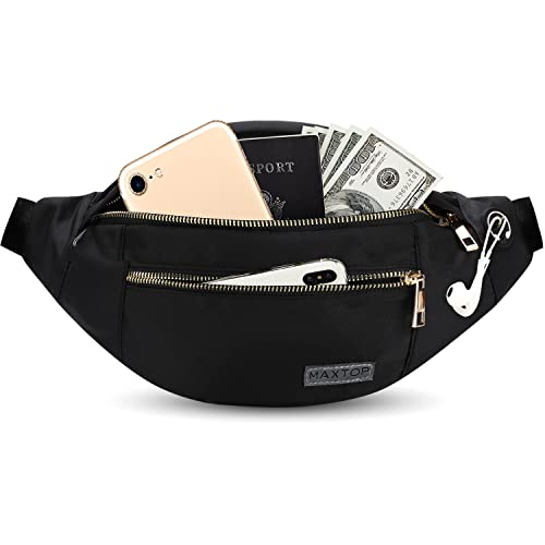 MAXTOP Large Crossbody Fanny Pack with 4-Zipper Pockets,Gifts for Enjoy Sports Festival Workout Traveling Running Casual Hands-Free Wallets Waist Pack Phone Bag Carrying All Phones - color: Black(upgrade Fabric Gold Metal Zipper), size: Large, style: Larg