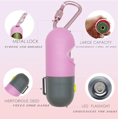 2 Pack Poop Bag Holder with Flashlight Waste Bag Dispenser for Leash with Clip and Battery Poop Bag Dispenser with Green Scented Poop Bags for Dog Walking(Pink,2 Dispenser 60 Bags) - color: Pink