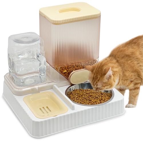 Fhiny Gravity Cat Feeder & Water Dispenser, 2 in 1 Automatic Puppy Waterer Removable Stainless Steel Food Bowls Set Self Feeding Pet Food Storage for Cat Kitten Puppy Easy Clean (Yellow)