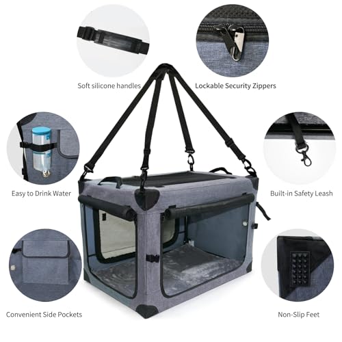 NEZUC Collapsible Dog Crates for Large Dogs Portable Soft Sided Travel Dog Carrier for Indoor & Outdoor, 4-Door Foldable Pet Kennel with Durable Mesh Windows (Gray, 24.0" L x 17.0" W x 17.0") - size: 24.0"L x 17.0"W x 17.0"H