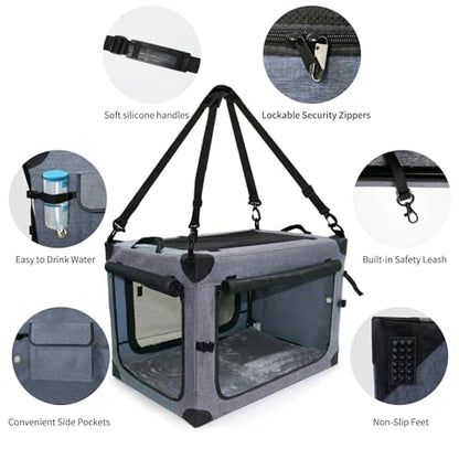 NEZUC Collapsible Dog Crates for Large Dogs Portable Soft Sided Travel Dog Carrier for Indoor & Outdoor, 4-Door Foldable Pet Kennel with Durable Mesh Windows (Gray, 30.0" L x 20" W x 20.0" H) - size: 30.0"L x 20.0"W x 20.0"H