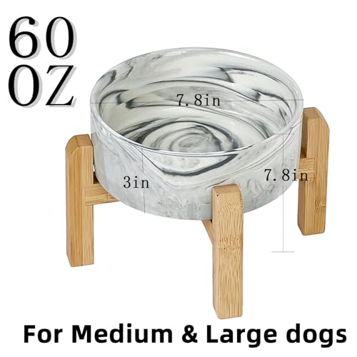 Elevated/Raised Ceramic Dog Bowl with Bamboo Stand,Marble Pattern 7 Inch 7.6 Cups Non Slip Heavy Weighted Single Pet Dish,Reduces Neck Strain Marble Gray - color: Marble Gray, size: 7.6Cups - Large