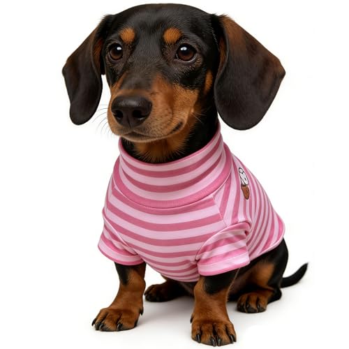 Turtleneck Dog Shirt Cute Doggie Embroidery Super Soft Dog Sweatshirt Stretchy Striped Puppy Pullover for Cats Small Medium Large Dogs (Pink Striped, Small) - color: Pink Striped, size: Small