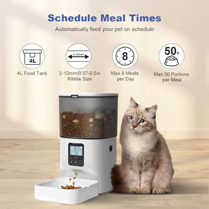 ANDOLL HOME Automatic Cat Feeder, 4L Cat Food Dispenser with 10s Voice Recorder, Pet Feeder up to 8 Meals per Day, Timed Dog Feeder with Dry Food Sealed Ring - color: Jade white
