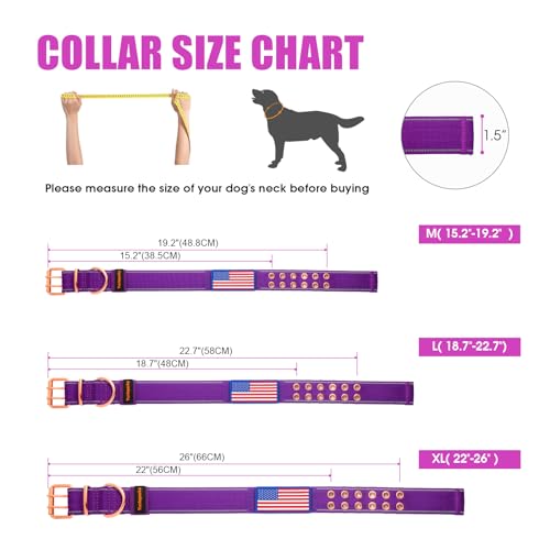 Heavy Duty Tactical Dog Collar with Neoprene Padded and Metal Buckle, Reflective Nylon for Medium to Large Dogs(Purple, Medium) - color: Purple, size: Medium (Pack of 1)