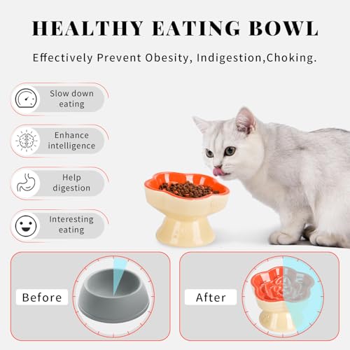 S&Q's CERAMICS Raised Slow Feeder Cat Bowl, Ceramic Glass Elevated Pet Food Bowl Small Dogs Slow Feeder, Flower Shaped Cute Dish for Dry and Wet Food (Orange, 5.8") - color: Orange