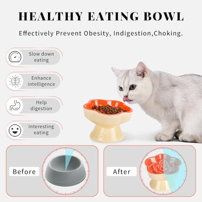 S&Q's CERAMICS Raised Slow Feeder Cat Bowl, Ceramic Glass Elevated Pet Food Bowl Small Dogs Slow Feeder, Flower Shaped Cute Dish for Dry and Wet Food (Orange, 5.8") - color: Orange