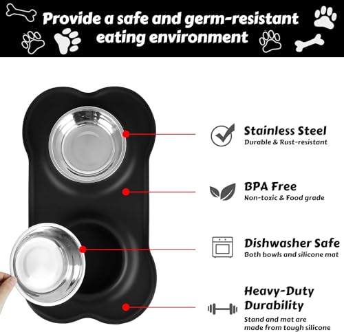 AsFrost Dog Food Bowls Stainless Steel Dog Bowls with No Spill Non-Skid Silicone Mat, Dog Food and Water Bowl Set, Dog Dishes for Small Medium Large Sized Dogs Pet Food Feeding Bowls, 4 Cup, Black - color: Black, size: 4¾ Cup/38 oz each