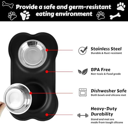 AsFrost Dog Food Bowls Stainless Steel Dog Bowls with No Spill Non-Skid Silicone Mat, Dog Food and Water Bowl Set, Dog Dishes for Small Medium Large Sized Dogs Pet Food Feeding Bowls, 4 Cup, Black - color: Black, size: 4¾ Cup/38 oz each
