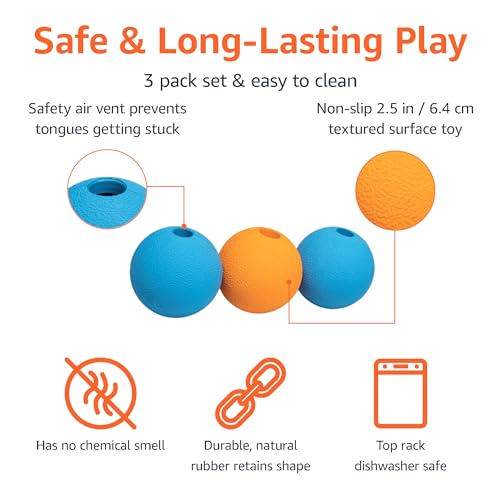 Amazon Basics Interactive Bouncy Supreme Durable Natural Rubber Dog Toy Balls, Easy to Clean, 2.5 inch, Blue, Orange, Pack of 3 - size: 2.5 inch, style: Supreme Balls (Pack of 3)